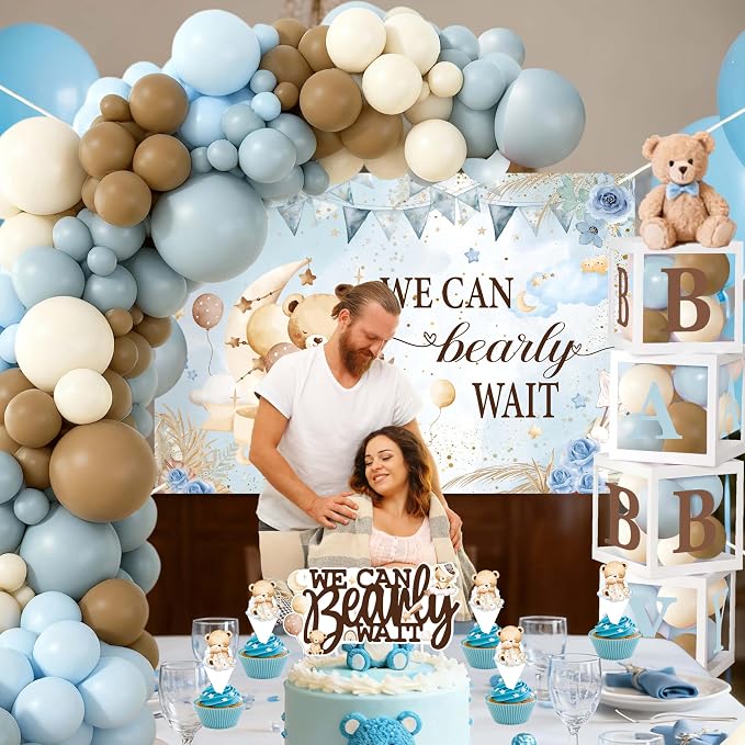 Teddy Bear Baby Shower Decorations for Boy - We Can Bearly Wait Party Supplies Include Balloon Garland Arch, Backdrop, Tablecloth, 4 Boxes, Cake Toppers - Blue Brown Boho Theme