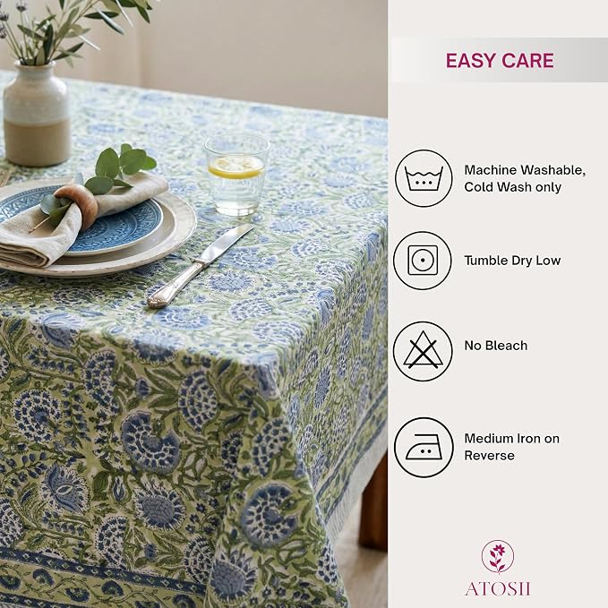 ATOSII Amara 100% Cotton Fall Tablecloth, Handblock Floral Print Rectangle Linen for Kitchen Dining I Parties Wedding Christmas Outdoors Easter I Spring Summer 72 X 140 Inches I 12 Seater