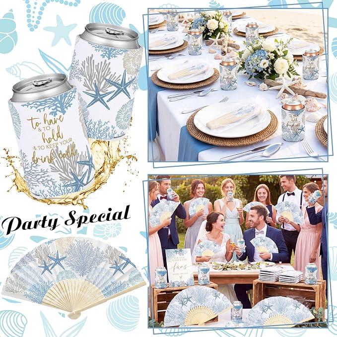 Hoteam 25 Sets Ocean Wedding Party Favors for Guests Bulk Including Blue Can Cooler and Paper Folding Fans with Wedding Decor Table Sign Cheers to Love for Bridal Shower Party Souvenir