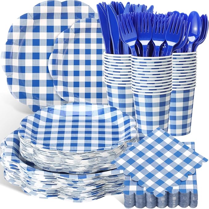Funnymoom 400 Pcs Gingham Party Supplies for 50 Guests Dark Blue and White Paper Plates and Napkins Knives Spoon Fork Cup Disposable Checkered Dinner Party Set Cutlery for Baby Shower Wedding Favor