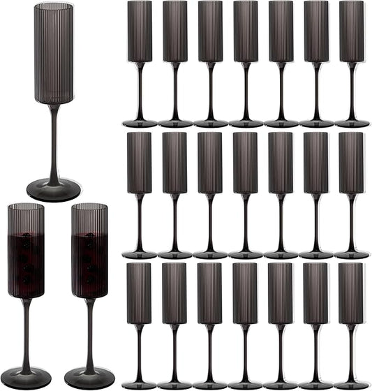 JLYLOL 24 Pcs Black Plastic Champagne Flutes 6OZ Large Ribbed Champagne Glasses Toasting Glass Plastic Goblets for Parties Vintage Mimosa Bar Glasses Elegant Stemmed Drinking Cups for Wedding Bride