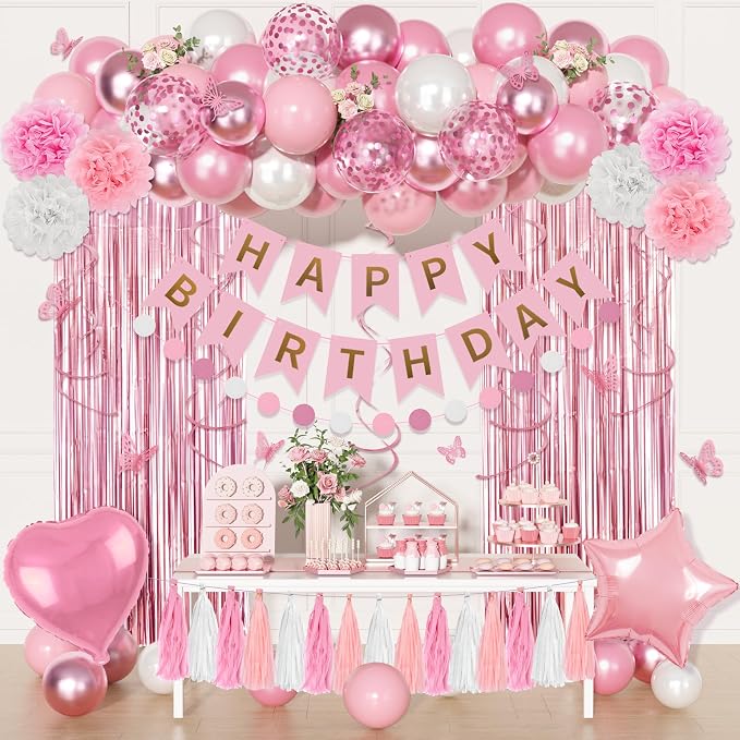 Pink Birthday Party Decorations, Pink and White Pearl Confetti Foil Balloons Happy Birthday Banner Fringe Curtain Butterfly Hanging Swirls Circle Dots Tassels Pompoms for Women Girls Party Supplies
