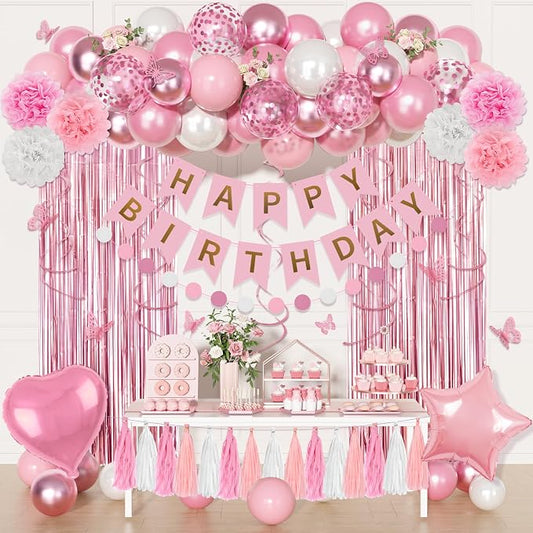 Pink Birthday Party Decorations, Pink and White Pearl Confetti Foil Balloons Happy Birthday Banner Fringe Curtain Butterfly Hanging Swirls Circle Dots Tassels Pompoms for Women Girls Party Supplies