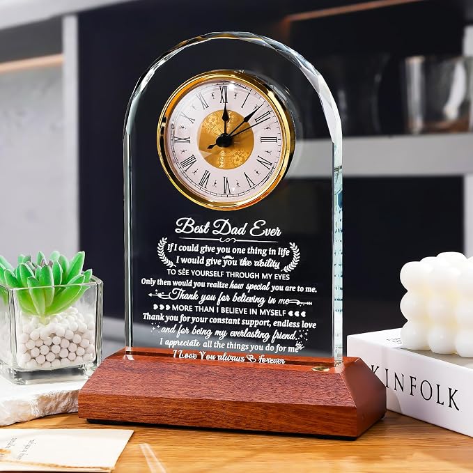Glass Clock Gifts for Dad From Son Daughter with Wooden Light Base, Personalized I Love You Gift for Dad Who Has Everything on Birthday Father's Day, Presents for Daddy on Christmas Home Desk Clock