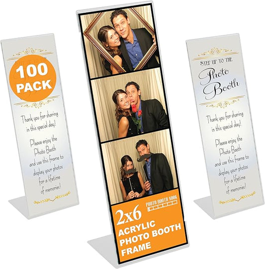 Photo Booth Nook | 2x6 Slanted Photo Booth Frames (100 Count) | Crystal Clear Acrylic Photo Booth Picture Frame with Silver Inserts | Bulk
