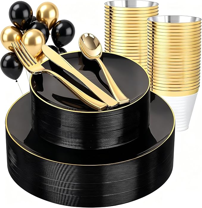WDF 150PCS Black Plastic Plates - Black and Gold Plates Disposable - 25 Guest Disposable Dinnerware Sets for Party/Wedding/Graduation/Memorial Day