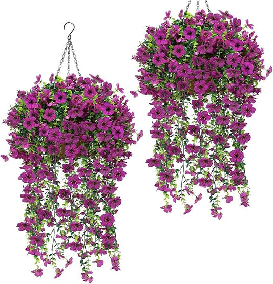 Geegoods 2 Set Artificial Hanging Flowers Plants for Outdoor, Faux Hanging Violet Flowers Baskets with Eucalyptus Vines UV Resistant Realistic Fake Plants for Outside Porch Garden Yard Home Decor