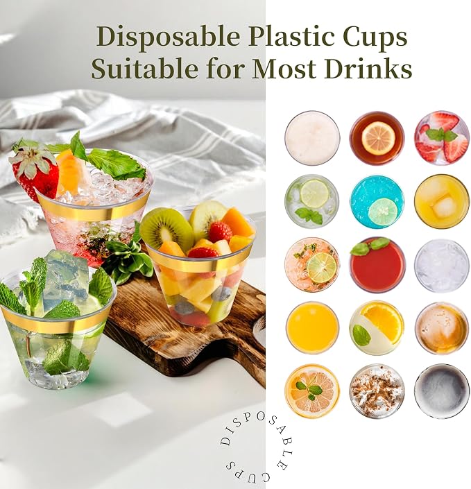 Byvivace 100Counts 9 OZ. Disposable Cups Old fashioned Party Tumblers, 9 Ounce Squat Cups Gold Rimmed Hard Plastic Party Wedding Cups with Gold Rim