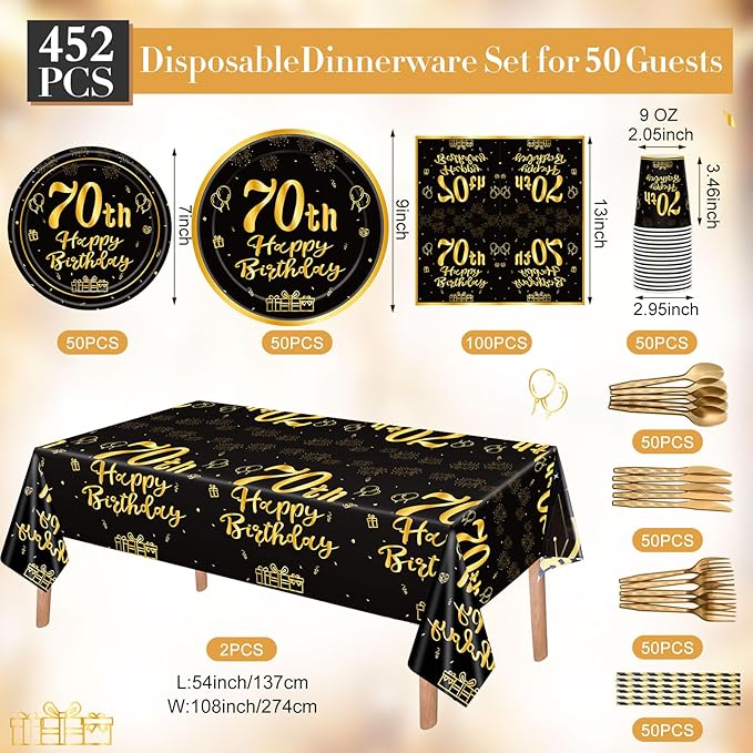Funnymoom 452 Pcs 70th Birthday Party Decorations Set for Men Women, Black and Gold Happy 70th Birthday Paper Plates Napkins Cups Tablecloth Cutlery Straws Cheers to 70 Years Anniversary Party