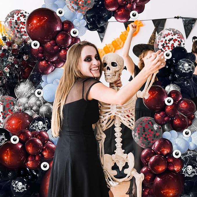 Halloween Balloon Garland Arch Kit, JZCZOEB 133Pcs Double Stuffed Red Black Blue Chrome Silver Balloons for Rose Skull Gothic Spooky Horror Theme Birthday Baby Shower Halloween Party Decorations