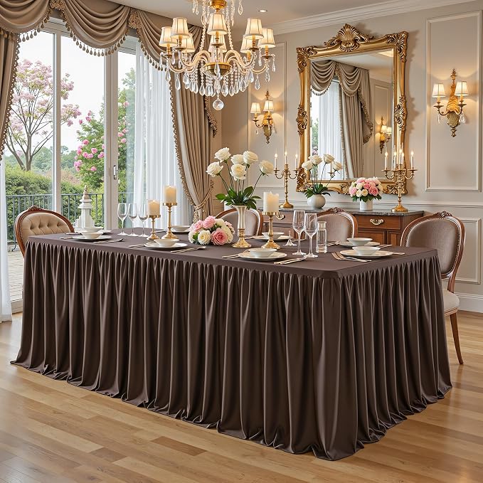 PARTISKY 6 Pack Chocolate Tablecloths for Rectangle Tables 6ft, Wrinkle Resistant Spandex Table Cover Fitted Stretch Table Cloth with Pleated Ruffle Skirts for Party Banquet Dining Birthday Wedding