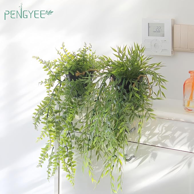 3 Packs 28" Fake Hanging Plants with Black Pots for Wall Decor | Artificial Fern Plants, Indoor/Outdoor Use, for Home Bathroom Bedroom Office Decor, Easy to Clean, Lifelike Appearance