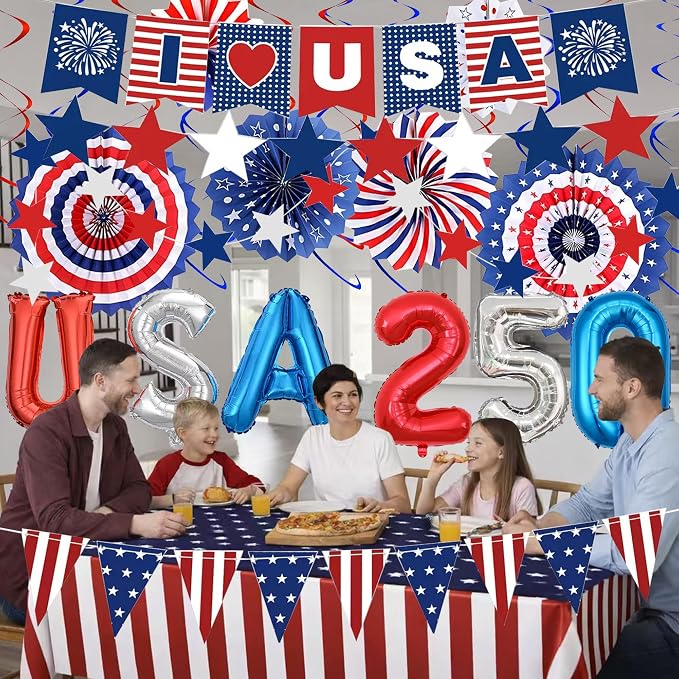 52 PCS US 250th Anniversary Decorations Set,Party Set for Independence Memorial Day Party Supplies Decor