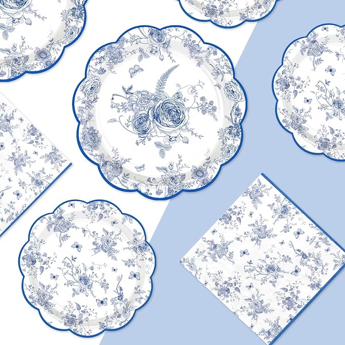 200Pcs Blue and White Floral Party Supplies Blue Floral Paper Plates and Napkins Disposable Vintage Flower Scalloped Tableware Set for Something Bridal Shower Decoration Wedding Tea Party Serve50