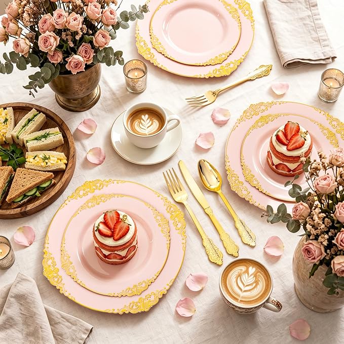 125PCS Pink and Gold Plastic Plates - Pink Disposable Plates - Vintage Plate with Gold Plastic Silverware Set for 25 Guests for Weddings Baby Shower Parties