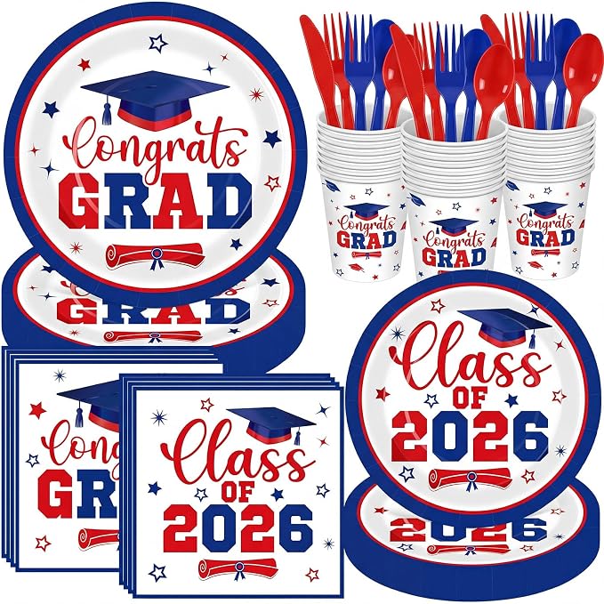 Funnymoom 400 Pcs Graduation Party Supplies Class of 2026 Graduation Paper Plate Napkin Cup Cutlery Congrats Grad Disposable Tableware Set for Grad Party Decorations, Serve 50 (Blue, Red)
