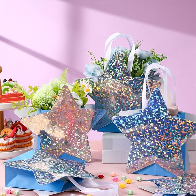 Sweetude 1 Pcs Star Shaped Party Favor Bags with Handle Mini Iridescent Paper Gift Goodie Bags for Holiday Wedding Birthday Party Supplies (Chic Style)