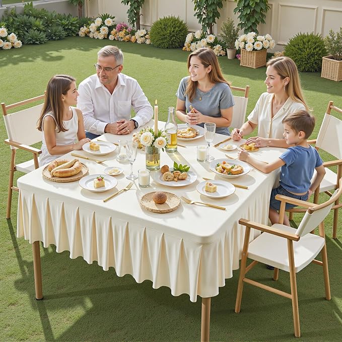 Shillance 34x34 Inch Ivory Spandex Square Tablecloth,Wrinkle Free Ivory Fitted Table Cloth for Square Tables,Washable Pleated Table Cover for Wedding Birthday Cocktail Party Buffet Dinner Camping