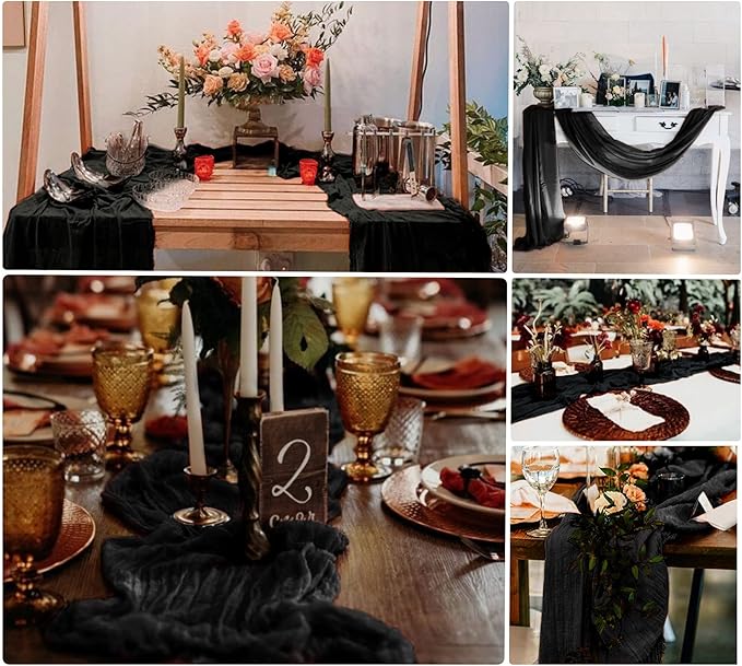 15 Pack Cheesecloth Table Runner 6FT Black Table Runner Gauze Cheese Cloth Table Runners 35 x 72Inch for Wedding Engagement Birthday Party Baby Bridal Shower Banquet Event Spring Table Décor(Black)