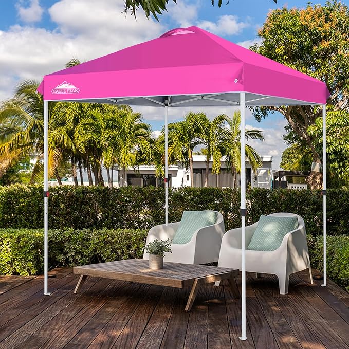 EAGLE PEAK Pop Up Canopy Tent with Wheeled Carry Bag, 8 Stakes, 4 Ropes, Easy Set Up Tent Canopy, 6.6x6.6 ft, Pink