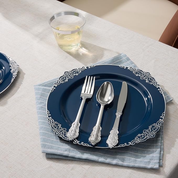 Goodluck 250 PCS Vintage Navy Blue & Silver Plastic Plates with Cutlery Set - Serves 50 - Heavy Duty Elegant Disposable Dinnerware for Graduation, Men's Birthday, Corporate Events