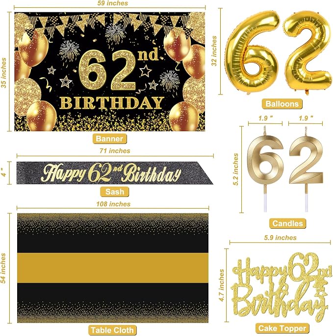 62nd Birthday Decorations Men Women with 62nd Birthday Banner, Black and Gold Table Cloth, Number Balloons, Large Sash, Cake Topper and Candles