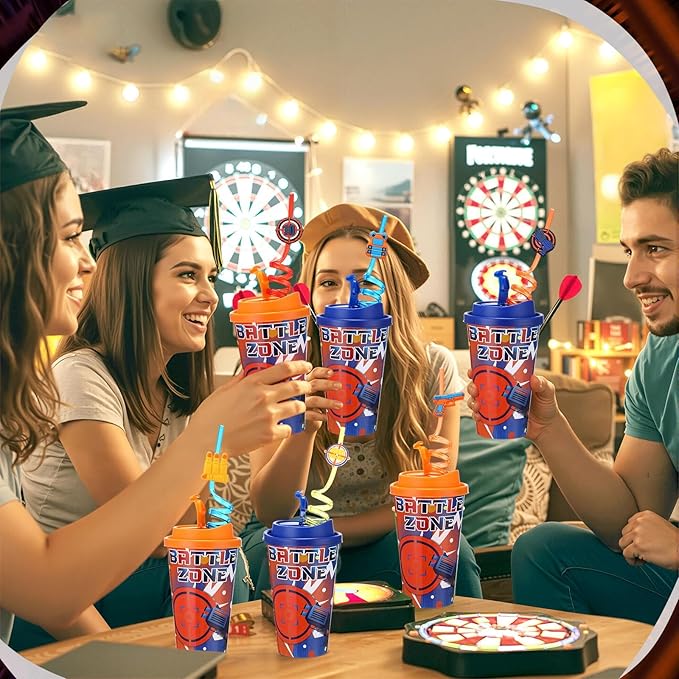 Yungyan 36 Sets Dart Battle Party Favors Goodie Cups with Lids and Straws for Birthday Decorations Reusable 16oz Plastic Candy Cups Plastic Straws for Birthday Party(Dart Battle)