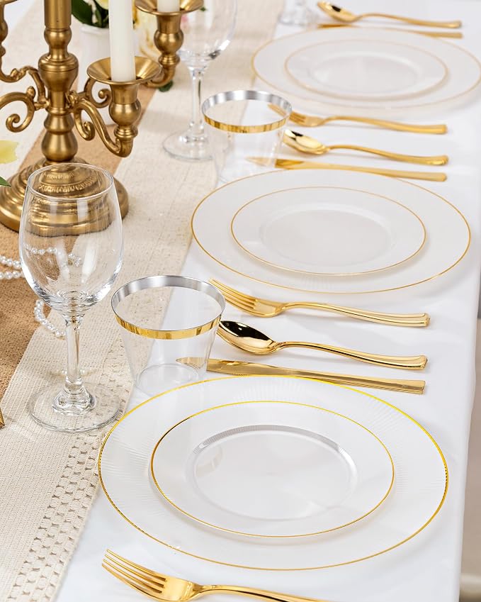 Hioasis 60pcs White and Gold Plastic Plates - White Disposable Dinnerware Set, 30pcs Dinner 10in & 30pcs Dessert 7in Plates with Striped Designs for Party & Wedding