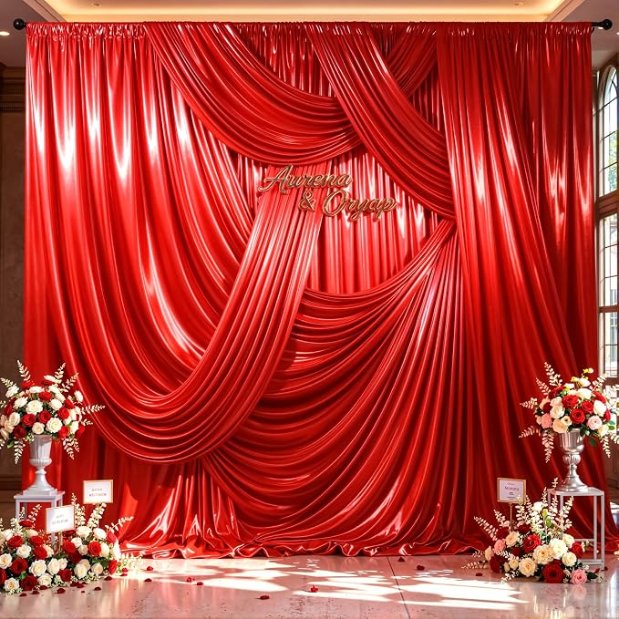 Red Glitter Backdrop Curtains - 10x12FT Satin Photo Backdrop, Wrinkle-Free Shimmer Back Drop Cloth Shiny Drapes for Photobooth Wedding Birthday Parties Photoshoot Background Decorations