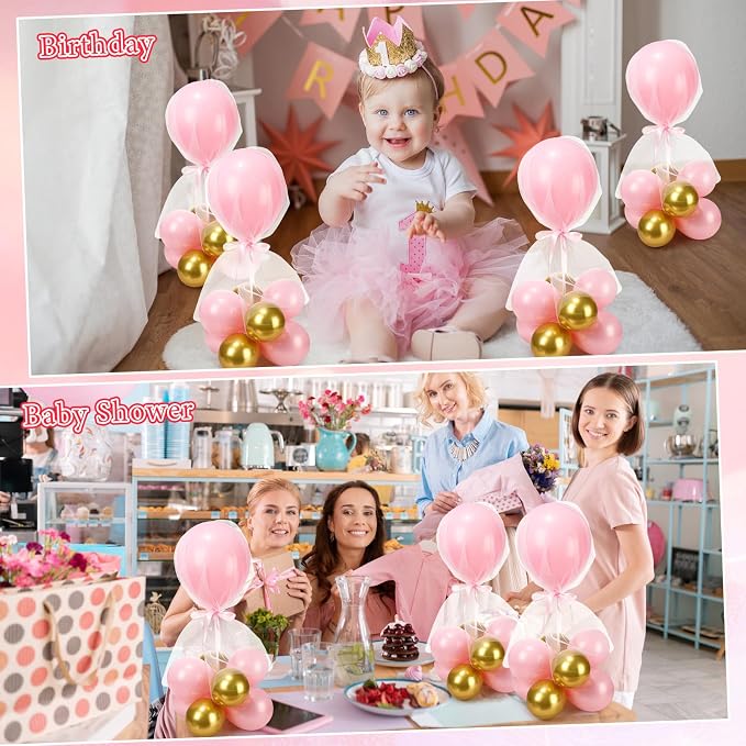 BBTO 8 Set Pink Gold Table Centerpieces Balloons Stand Kit, Latex Balloons and Table Stand Holder with Base Tulle for Wedding Birthday Grad Prom Centerpieces Party Back to School Baby Shower