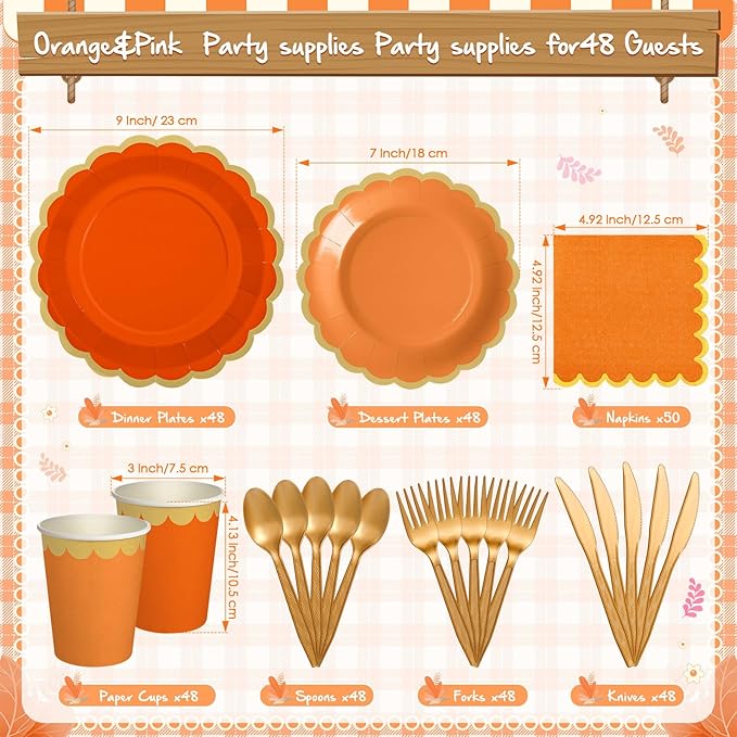 Mimorou 338 Pcs Pink and Orange Plates and Napkins Party Supplies for Guests Hot Pink Orange Tableware Include Scalloped Plates Paper Napkin Cup Spoon Fork Knife for Baby Shower, Wedding, Birthday