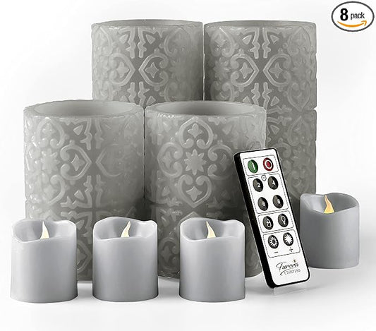 FURORA LIGHTING Grey Rome Flameless Candles - Real Wax, Adjustable Brightness, Remote & Timer - 4 Pillars (3x4, 3x6) and 4 Votives, 8-Pack, Battery Operated