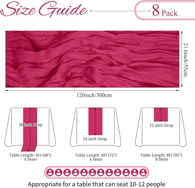 8 Pack Hot Pink Cheesecloth Table Runner 10FT Boho Gauze Cheese Cloth Table Runner Rustic Sheer Fabric Table Runners for Wedding Bridal Shower Baby Shower Party(21.5×120 Inch)