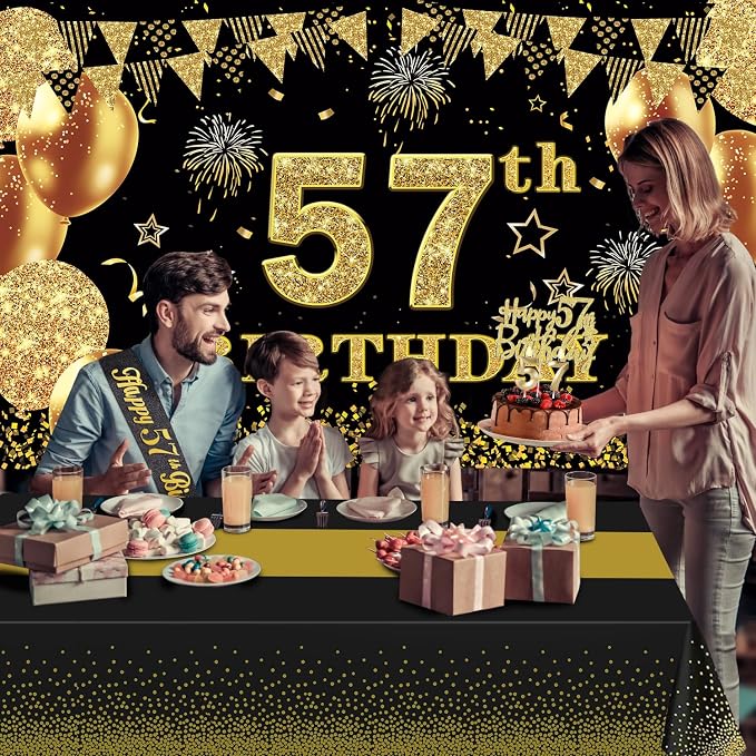 57th Birthday Decorations Men Women with 57th Birthday Banner, Black and Gold Table Cloth, Number Balloons, Sash, Cake Topper and Candles