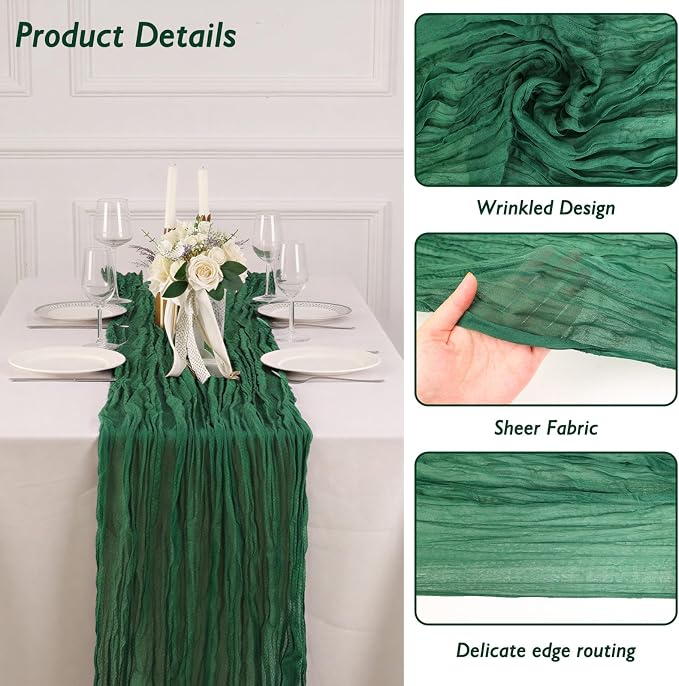 3 Pack Emerald Green Cheesecloth Table Runner 120 Inch 10FT Cheese Cloth Runners for Football Theme, Spring Holiday, Baby Shower, Jungle Theme Party
