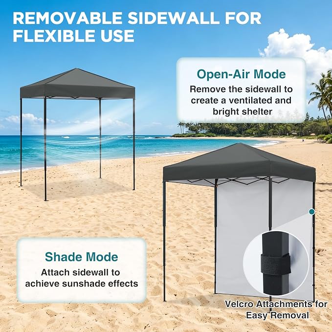 EAGLE PEAK 6x4 Instant Pop Up Canopy Tent with 1 Side Wall Panel, Straight Leg Sun Shelter, Portable Canopy with Carry Bag for Camping, Beach & Sports, Dark Gray