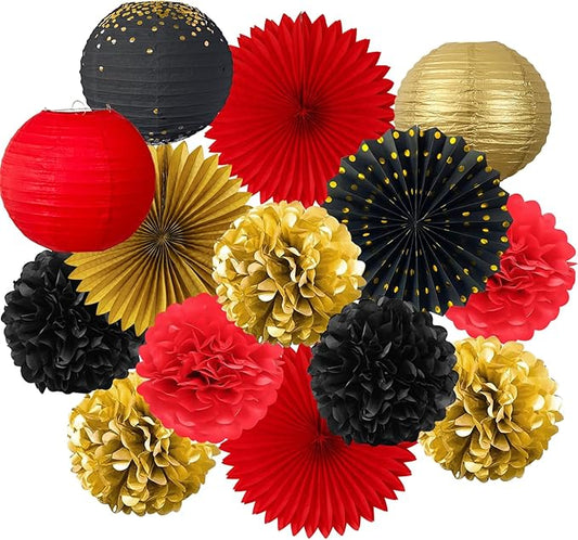 ADLKGG Red Black Gold Party Decorations, 14 Pcs Hanging Paper Fans, Lanterns, Pom Poms - Elegant Backdrop for Casino Night, Graduation 2026, Birthday, Hollywood Theme Party, Game Night