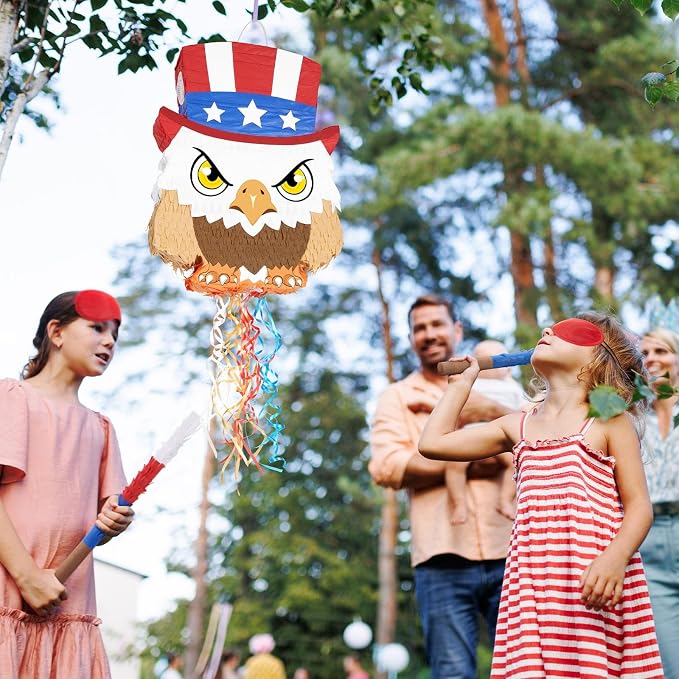WERNNSAI 4th of July Piñata - Independence Day Piñata with Blindfold and Bat Fourth of July Theme Birthday Party Decorations American Flag Eagle for Kids Boys Bird Birthday Party Supplies