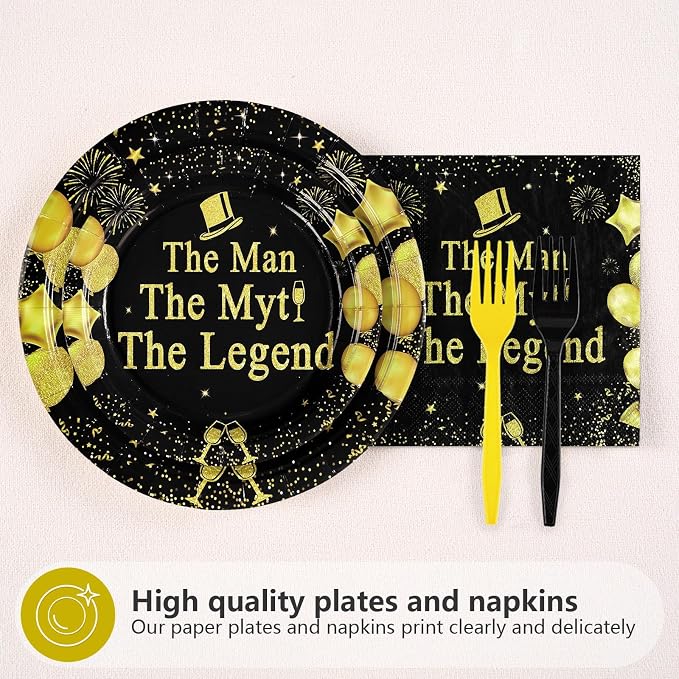96 Pcs The Man The Myth The Legend Party Decorations Mens Birthday Plates and Napkins Disposable Black and Gold Tableware Set for Fathers Day Birthday Retirement Party Supplies Serves 24