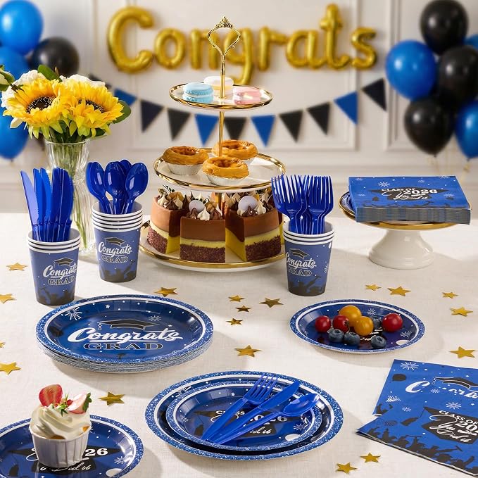 Goodluck Blue 2026 Congrats Grad Disposable Paper Tableware Sets, 350PCS Graduation Party Supplies Includes 9" & 7" Disposable Graduation Paper Plates, 9oz Cups, Napkins & Cutlery for 50 Guests