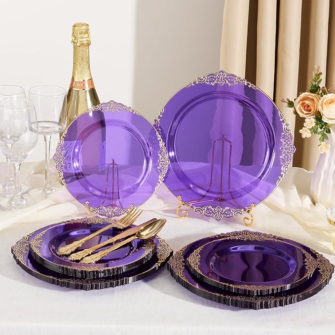 Goodluck 250 PCS Vintage Translucent Purple & Gold Rim Plastic Plates with Cutlery Set - Serves 50 - Heavy Duty Elegant Disposable Dinnerware for Sweet 16, Mardi Gras, Bridal Shower