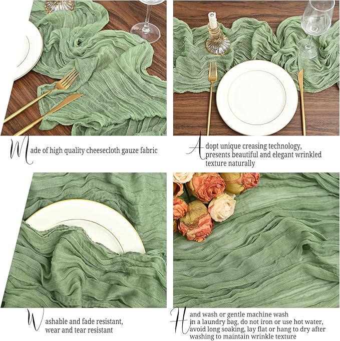 24 Pack Sage Green Table Runner 10Ft Cheesecloth Table Runner Rustic Gauze Table Runners Romantic Long Sage Sheer Fabric Cheese Cloth Table Runners for Wedding Party Bridal Baby Shower