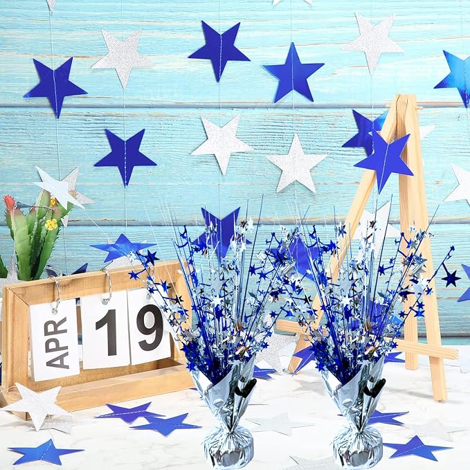 FUBININA 6 Pack Metallic Foil Spray Centerpiece Star Table Decoration Burst Table Centerpieces for Birthday Wedding Anniversary Graduation Holiday Party Supplies Decor, Silver Blue