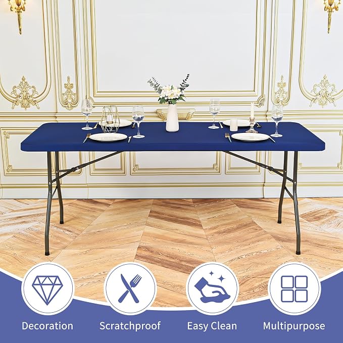 12 Pack Spandex Tablecloth Table Top Cap Cover, Navy Blue Stretch Table Covers for 6FT Tables, Elastic Rectangle Tablecloth Protector for Outdoor Party Picnic Wedding (Navy Blue,30" W x 72" L)