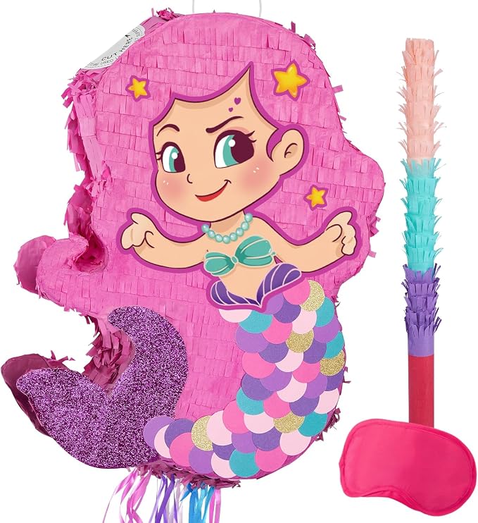 WERNNSAI Foldable Mermaid Piñata - Pull String Mermaid Birthday Party Supplies with Blindfold Bat and Tassels Party Decoration Folding Girl Piñatas for Game