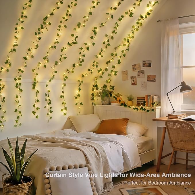 JMEXSUSS 200 LED Vine Lights Battery Operated & USB Powered, Pothos Vines with Fairy Lights Waterproof, Curtain Lights with Remote for Bedroom, Wedding, Dorm, Indoor, Outdoor Decor, 6.5x6.5ft