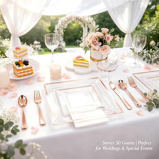 Festiva 350Pcs Rose Gold Plastic Plates - Clear Rose Gold Disposable Dinnerware Sets for 50Guests include 100 Plates 50 Cups 50Plastic Cutlery 50Napkins for Party&Wedding& Bridal Shower