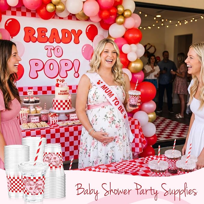 FoldTier 50 Sets Dirty Soda Bar Supplies She's ready to Pop Cups with Lids and Straws 12oz Clear Disposable Plastic Cups with Lids, Red Party Cup for Baby Shower Gender Reveal Party Popcorn Cold Drink