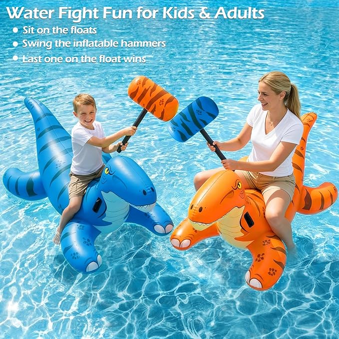 Jasonwell Pool Games Toys Floats -2Pack Inflatable Dinosaur Pool Floats with Blow Up Toy Hammers Ride on Pool Floaties for Kids Teens Adults Lounge Raft Summer Lake Beach Party Decorations