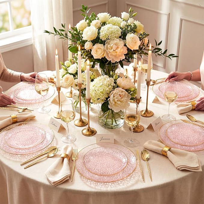 I00000 150Pcs Clear Pink Plastic Plates with Gold Rim,Pink Disposable Plates,Clear Hammer Patterned Disposable plates Set include 30 Dinner Plate,30 Dessert Plate,90 Plastic Silverware Set for Party
